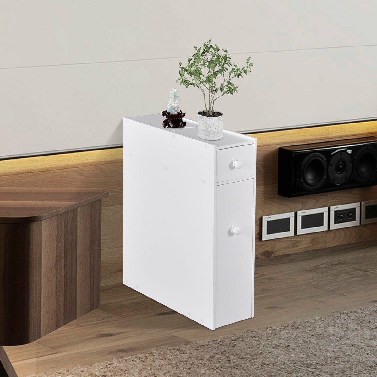 Slim Storage Cabinet with Slide-out Drawers and Flip-open Top Cover
